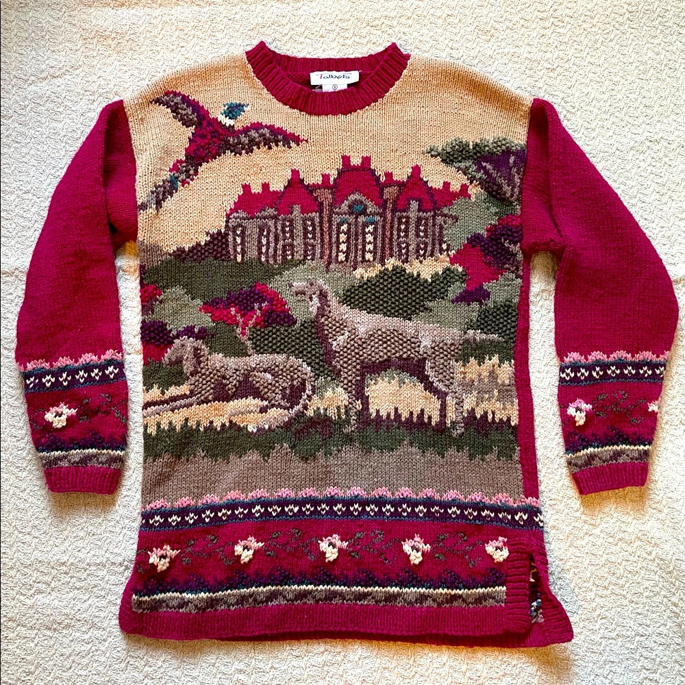 SOLD Talbots Vintage Hand Knit Sweater. Hunt dogs & pheasant